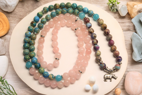 Galaxy Sea Sediment, Rose Quartz & Amazonite Mala Beads